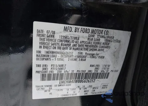 2008 Mercury Sable from USA, damaged, VIN 1MEHM40W88G626352